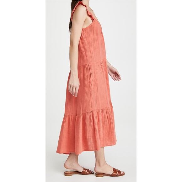 Xirena Rumer Scoop Neck Flutter Sleeve Gauze Tiered Midi Dress in Paprika - Picture 8 of 14